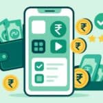 A clean, modern flat vector illustration showing a smartphone screen with money symbols, rupee coins (₨), and various app icons representing earning apps in Pakistan. Around the phone are elements like a wallet filled with cash, green payment proof checkmarks, and golden rating stars, all set against a fresh green, blue, and white minimal background symbolizing trust, finance, and technology