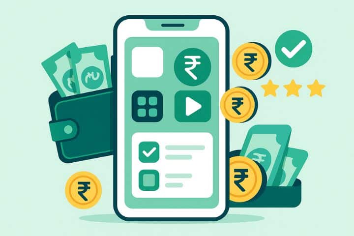 A clean, modern flat vector illustration showing a smartphone screen with money symbols, rupee coins (₨), and various app icons representing earning apps in Pakistan. Around the phone are elements like a wallet filled with cash, green payment proof checkmarks, and golden rating stars, all set against a fresh green, blue, and white minimal background symbolizing trust, finance, and technology