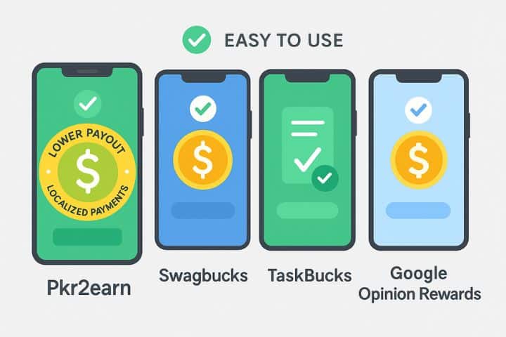Comparison infographic of four smartphones showing Pkr2earn, Swagbucks, TaskBucks, and Google Opinion Rewards app interfaces, with Pkr2earn highlighted by a gold badge reading “Lower Payout Threshold” and “Localized Payments.” Simple flat vector style with green, blue, and gold accents