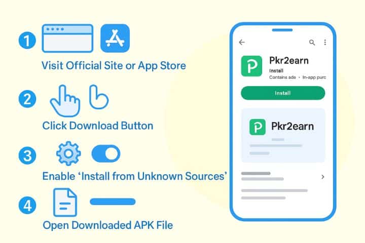 Step-by-step infographic showing how to download the Pkr2earn app from the Google Play Store or via APK, with icons for visiting the official site, tapping the download button, enabling “Install from Unknown Sources,” and opening the APK file. Minimal flat vector design in blue and green tones.