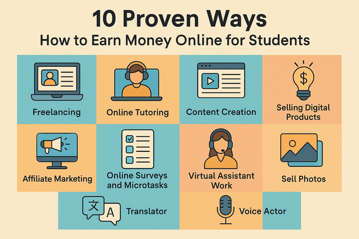 Flat design infographic showing 10 proven ways for students to earn money online, including freelancing, online tutoring, content creation, selling digital products, affiliate marketing, online surveys and microtasks, virtual assistant work, selling photos, translator, and voice actor.