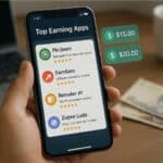 Ultra-realistic close-up of a hand holding a smartphone displaying a 'Top Earning Apps' dashboard, with apps like Pkr2earn, EarnKaro, Remaker AI, and Zupee Ludo listed, two green money notification pop-ups showing $15 and $20 earnings, Pakistani rupee bills in the blurred background, laptop and coffee cup on a modern desk
