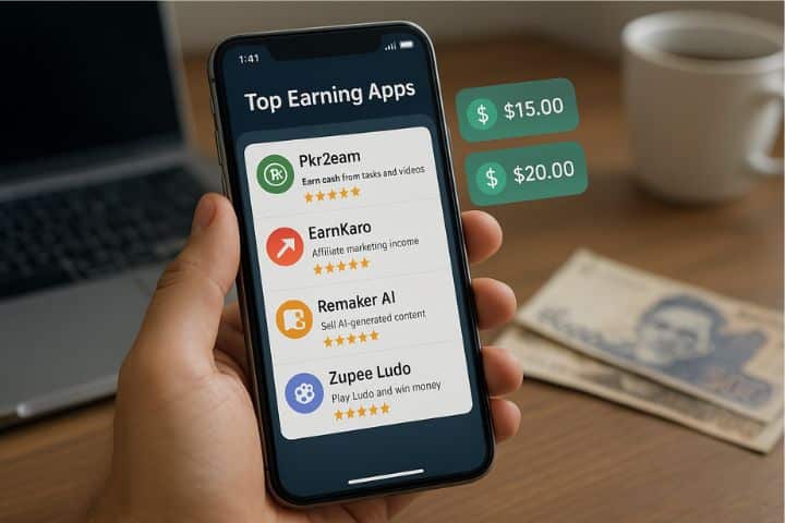 Ultra-realistic close-up of a hand holding a smartphone displaying a 'Top Earning Apps' dashboard, with apps like Pkr2earn, EarnKaro, Remaker AI, and Zupee Ludo listed, two green money notification pop-ups showing $15 and $20 earnings, Pakistani rupee bills in the blurred background, laptop and coffee cup on a modern desk
