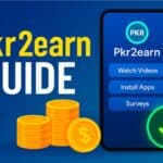 Modern tech-style thumbnail for Pkr2earn Guide featuring bold text ‘Pkr2earn Guide’, a smartphone displaying the Pkr2earn app interface, stacks of coins and digital money icons, and a glowing download arrow, set against a clean blue, yellow, and green tech background