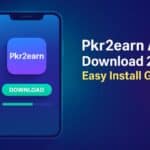 Pkr2earn app download and installation guide 2025 showing smartphone with install button, progress bar, and modern tech background
