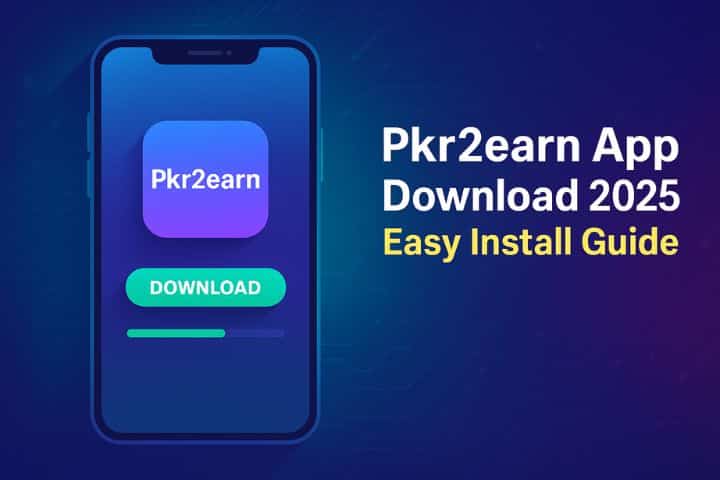 Pkr2earn app download and installation guide 2025 showing smartphone with install button, progress bar, and modern tech background