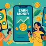 Vibrant illustration showing happy users holding smartphones with earning app screens, surrounded by coins, currency icons, and upward trending graphs. Bright color palette with greens, blues, and golds in a modern flat vector style