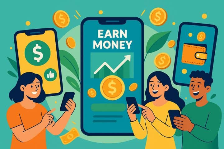 Vibrant illustration showing happy users holding smartphones with earning app screens, surrounded by coins, currency icons, and upward trending graphs. Bright color palette with greens, blues, and golds in a modern flat vector style