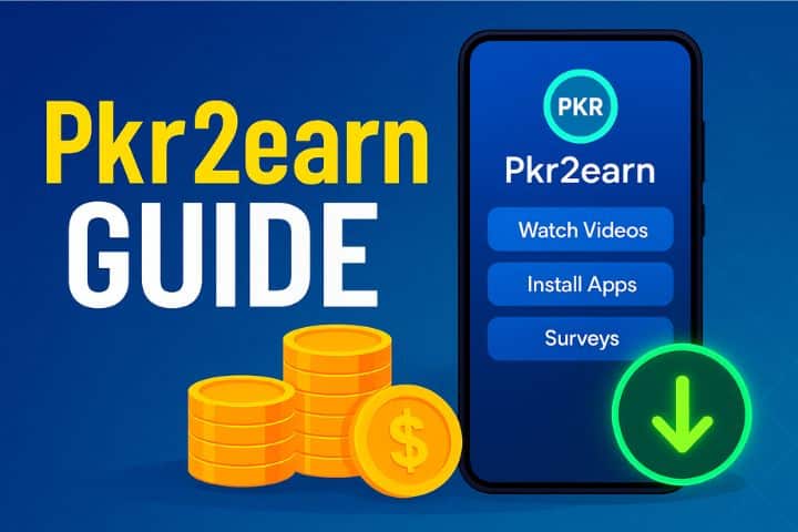 Modern tech-style thumbnail for Pkr2earn Guide featuring bold text ‘Pkr2earn Guide’, a smartphone displaying the Pkr2earn app interface, stacks of coins and digital money icons, and a glowing download arrow, set against a clean blue, yellow, and green tech background