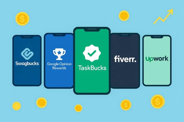 Digital illustration of five smartphone screens displaying logos of Swagbucks, Google Opinion Rewards, TaskBucks, Fiverr, and Upwork, surrounded by icons of coins, dollar signs, and upward trending graphs on a blue background. Flat vector style
